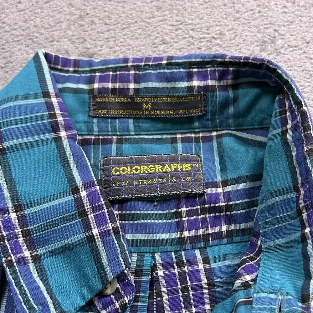 Levi Strauss Colorgraphs Button Down Shirt Mens M Vintage Plaid Teal Purple 90s